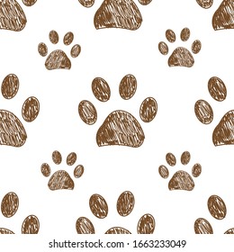 Doodle brown paw prints  vector with white background seamless pattern for fabric