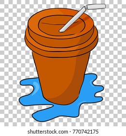 Doodle Brown Plastic Glass with straw and Spilled Water, at Transparent Effect Background