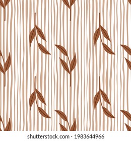 Doodle brown scandi leaf branches silhouettes seamless pattern. Striped pink and white background. Perfect for fabric design, textile print, wrapping, cover. Vector illustration.