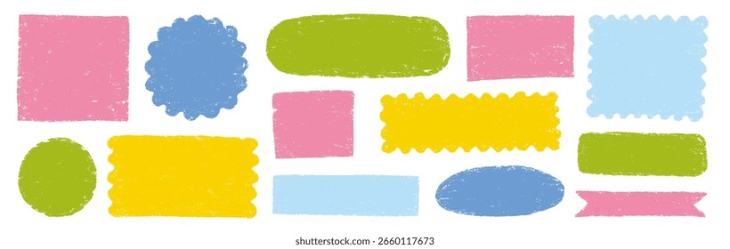 Conjunto de marco de forma de crayón de pincel Doodle. Caja de pintura dibujada a mano, etiqueta de borde circular, marco de texto en pastel en textura de pincel de tiza áspera. Cuadrado lindo del garabato del color, fondo redondo de la forma. Ilustración vectorial