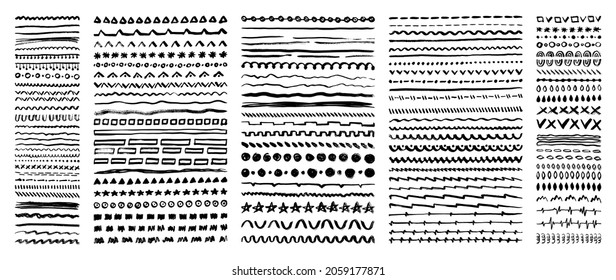 Doodle brush lines. Sketchy line stroke, scribbles. Pencil drawing underline, hand drawing black chalk stripes. Grunge ornaments swanky vector kit
