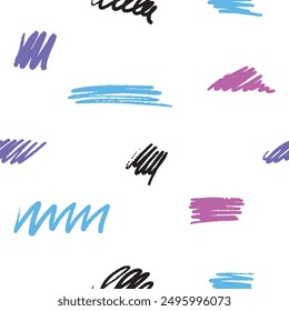 Doodle brush simple elements set. Colored lines sketches, underlines, squiggles, shapes for design with pen marks. Hand drawn seamless pattern.