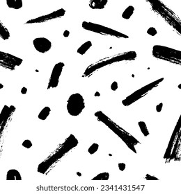 Doodle brush strokes and dots seamless pattern. Trendy design with basic shapes. Simple party confetti texture, childish background. Scribble brush strokes vector background.