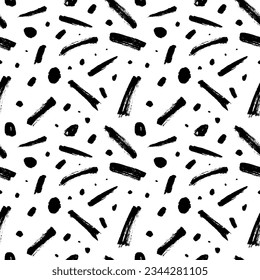 Trazos de pincel de garrapatas y puntos sin fisuras. Diseño moderno con formas básicas. Sencilla textura de confeti de fiesta, fondo infantil. El pincel esgrime el fondo vectorial.