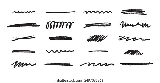 Conjunto de subrayados de pincel Doodle. Bocetos de línea negra con marcas de lápiz. Elementos de Vector dibujados a mano sobre fondo blanco. 