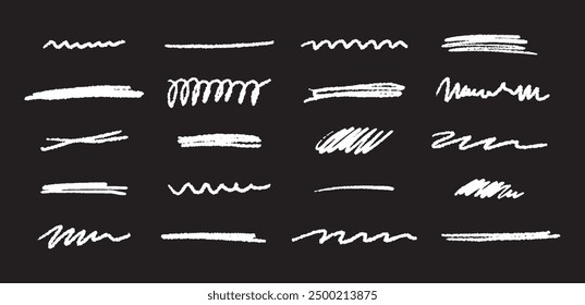 Doodle brush underlines set. Black line sketches with pen marks. Hand drawn vector elements on black background. 