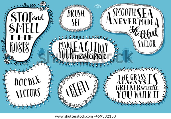 Doodle Brushes - Set of seven hand drawn doodle\
brushes, with outer and inner corners, and start and end tiles,\
plus inspirational quotes in whimsical wonky frames, with\
inspirational quotes