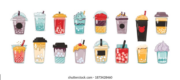 Doodle bubble drink. Cartoon beverages in plastic cups or glass jars with straws. Collection of ice tea and cocktails. Mugs with carbonated liquid with pearls. Menu decoration templates, vector set - Shutterstock ID 1873428460