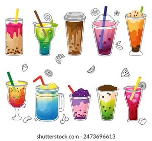 Doodle bubble tea. Fruit smoothies and refreshment drinks and toppings. Seasonal beverages, tapioca drink and fruits teas, neoteric vector set