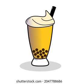 Doodle bubble tea, pearl milk tea or boba tea isolated on white background with glass cup.