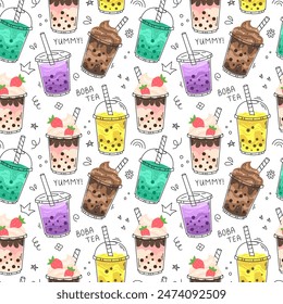 Doodle bubble tea seamless pattern with white background. Vector illustration.