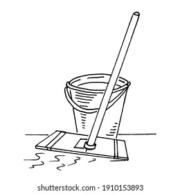 Doodle bucket and mop on white background.Vector household items can be used as advertising, millstones, packaging.