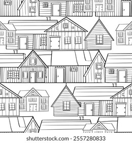Doodle buildings. Black and white line art seamless pattern of various houses. Outline monochrome architecture