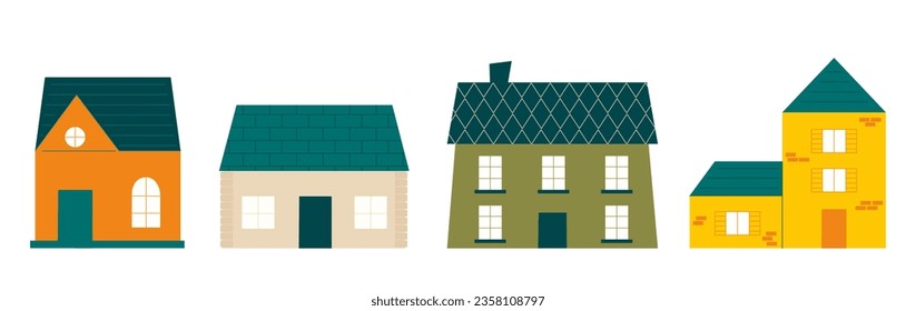 Doodle buildings. Various small tiny houses. Paper cut style. Flat design. Hand drawn fashion illustration. Cute small house. Vector flat apartments.