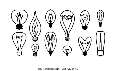 Doodle bulb light. Hand drawn lamp set. Vector idea art.