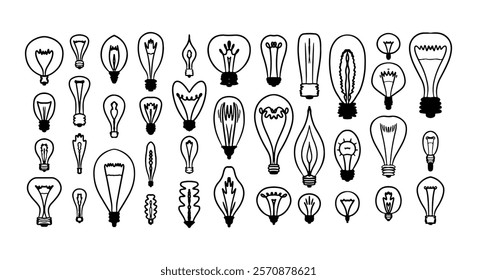 Doodle bulb light. Hand drawn lamp set. Vector idea art. Electric element
