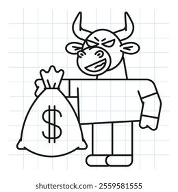 Doodle bull holds bag of money and smiles. Vector Illustration