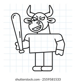 Doodle bull holds baseball bat and smiles. Vector Illustration