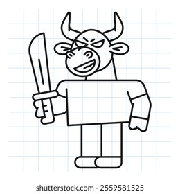 Doodle bull holds machete and smiles. Vector Illustration