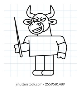 Doodle bull holds pointer and smiles. Vector Illustration