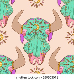 Doodle bull skull with floral elements, seamless pattern, Vector