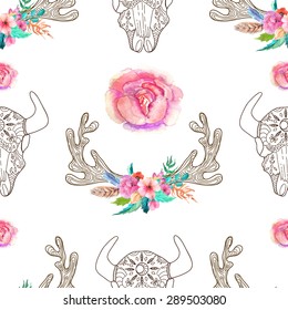 Doodle bull skull and horns with watercolor flowers and feathers, seamless pattern, Vector