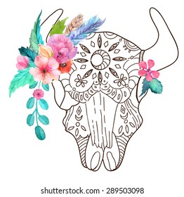 Doodle bull skull with watercolor flowers and feathers over white, Vector