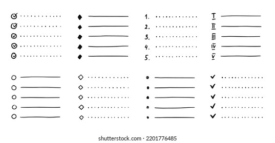 Doodle bullet list, hand drawn sketch to do checklist. Notebook schedule, task paper planner. Isolated vector illustration.