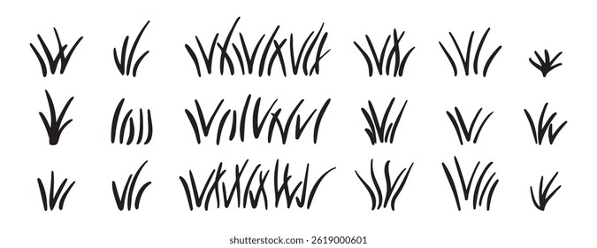 Doodle cacho de grama. Arbusto de gramado desenhado à mão de ícone de grama conjunto desenhado à mão. Coleção de símbolos clipart de desenho de linha de grama de contorno. Ilustração vetorial
