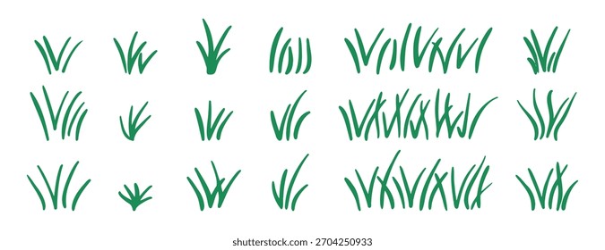 Doodle cacho de grama. Arbusto de gramado desenhado à mão de ícone de grama conjunto desenhado à mão. Coleção de símbolos clipart de desenho de linha de grama de contorno. Ilustração vetorial