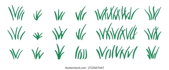 Doodle Haufen Gras. Handgezeichneter Rasenstrauch aus Gras Symbol handgezeichnetes Set. Umriss Graslinie Zeichnung Clipart-Symbolsammlung. Vektorgrafik