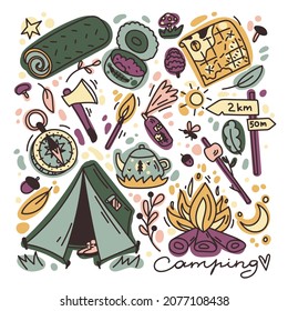 Senderismo por el paquete de Doodle. Juego de iconos de camping dibujados a mano. Ilustración vectorial de color corto.