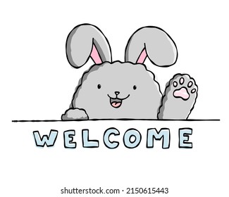 Doodle bunny postcard vector illustration eps 10. Baby print, banner, brochure, happy pet with smiling face. Welcome text with cute rabbit isolated on white background.