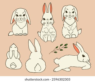 Doodle bunny rabbit outline sketch vector set. Minimal vector art