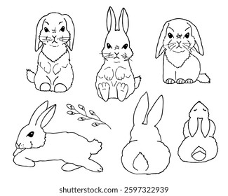 Doodle bunny rabbit outline sketch vector set. Minimal vector art