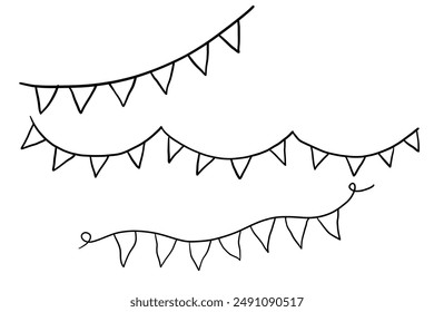 Doodle Bunting Garland. Flags for Birthday Decorations. Vector fair pennant Illustrations set