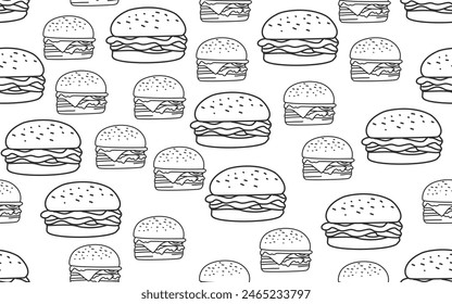 doodle burger background. doodle fast food burger seamless pattern background. seamless pattern of burger in doodle style. Seamless Pattern of a Cheese Burger or Hamburger. hamburger pattern.