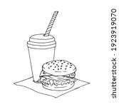 Doodle burger and coffee in a glass with a straw on a white background.Vector composition can be used in menus,coloring pages,textiles, and packaging.