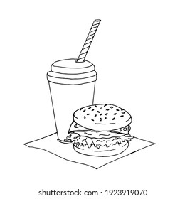 Doodle burger and coffee in a glass with a straw on a white background.Vector composition can be used in menus,coloring pages,textiles, and packaging.