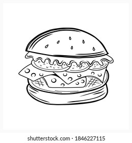 Doodle burger icon isolated on white. Art line food. Sketch vector stock illustration. EPS 10