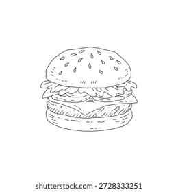 Doodle Burger Illustration Einzelobjekt. Handgezeichnete Burger Linie Kunstskizze. Fast Food Cheeseburger Umrisszeichnung. Minimaler Burger Doodle einzeln auf Weiß. Vintage Burger Illustration für Menü-Logo und Verpackung.