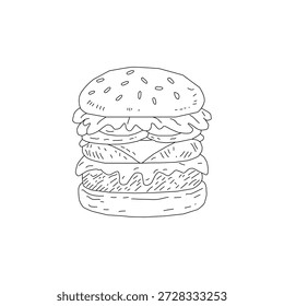 Doodle Burger Illustration Einzelobjekt. Handgezeichnete Burger Linie Kunstskizze. Fast Food Cheeseburger Umrisszeichnung. Minimaler Burger Doodle einzeln auf Weiß. Vintage Burger Illustration für Menü-Logo und Verpackung.