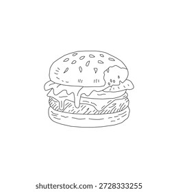 Doodle Burger Illustration Einzelobjekt. Handgezeichnete Burger Linie Kunstskizze. Fast Food Cheeseburger Umrisszeichnung. Minimaler Burger Doodle einzeln auf Weiß. Vintage Burger Illustration für Menü-Logo und Verpackung.