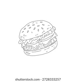 Doodle Burger Illustration Einzelobjekt. Handgezeichnete Burger Linie Kunstskizze. Fast Food Cheeseburger Umrisszeichnung. Minimaler Burger Doodle einzeln auf Weiß. Vintage Burger Illustration für Menü-Logo und Verpackung.