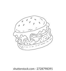 Doodle Burger Illustration Einzelobjekt. Handgezeichnete Burger Linie Kunstskizze. Fast Food Cheeseburger Umrisszeichnung. Minimaler Burger Doodle einzeln auf Weiß. Vintage Burger Illustration für Menü-Logo