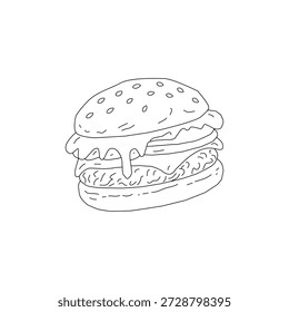 Doodle Burger Illustration Einzelobjekt. Handgezeichnete Burger Linie Kunstskizze. Fast Food Cheeseburger Umrisszeichnung. Minimaler Burger Doodle einzeln auf Weiß. Vintage Burger Illustration für Menü-Logo