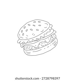 Doodle Burger Illustration Einzelobjekt. Handgezeichnete Burger Linie Kunstskizze. Fast Food Cheeseburger Umrisszeichnung. Minimaler Burger Doodle einzeln auf Weiß. Vintage Burger Illustration für Menü-Logo