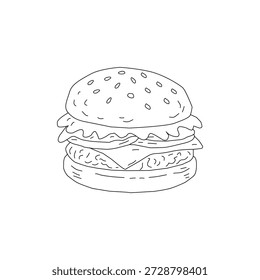 Doodle Burger Illustration Objeto único. Dibujado a mano Burger Line Art Sketch. Dibujo de contorno de hamburguesa de queso de comida rápida. Doodle mínimo de la hamburguesa aislado en blanco. Ilustración de la hamburguesa de Antiguas para el logotipo del menú