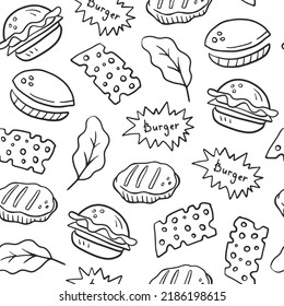 Doodle burger with ingredients seamless pattern. Adorable hand drawn black and white vector illustration with falling hamburger and cheeseburger elements in cartoon outline style 