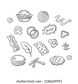 Doodle burger with ingredients set. Hand drawn black and white hamburger and cheeseburger elements collection. Restaurant, cafe, market, package, delivery concept design